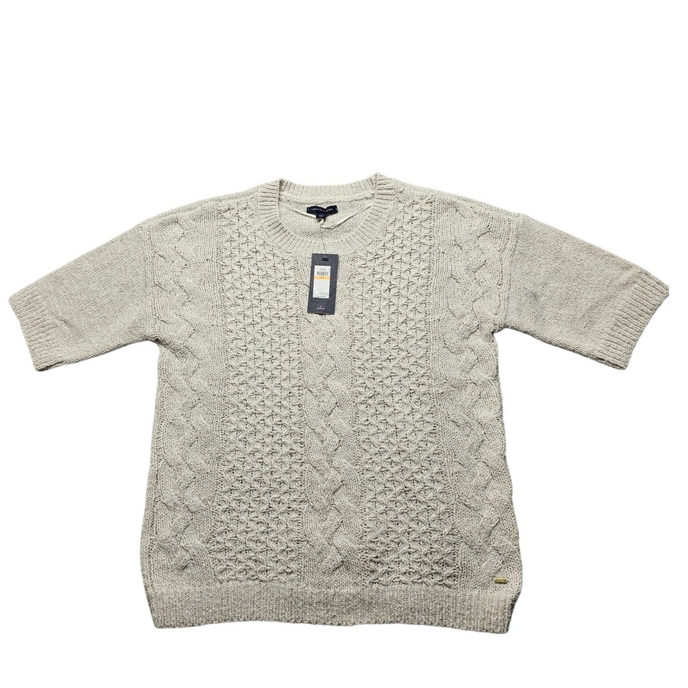 NWT Tommy Hilfiger Short Sleeve Cable Knit Metallic Sweater Women Size SP‎ Cream